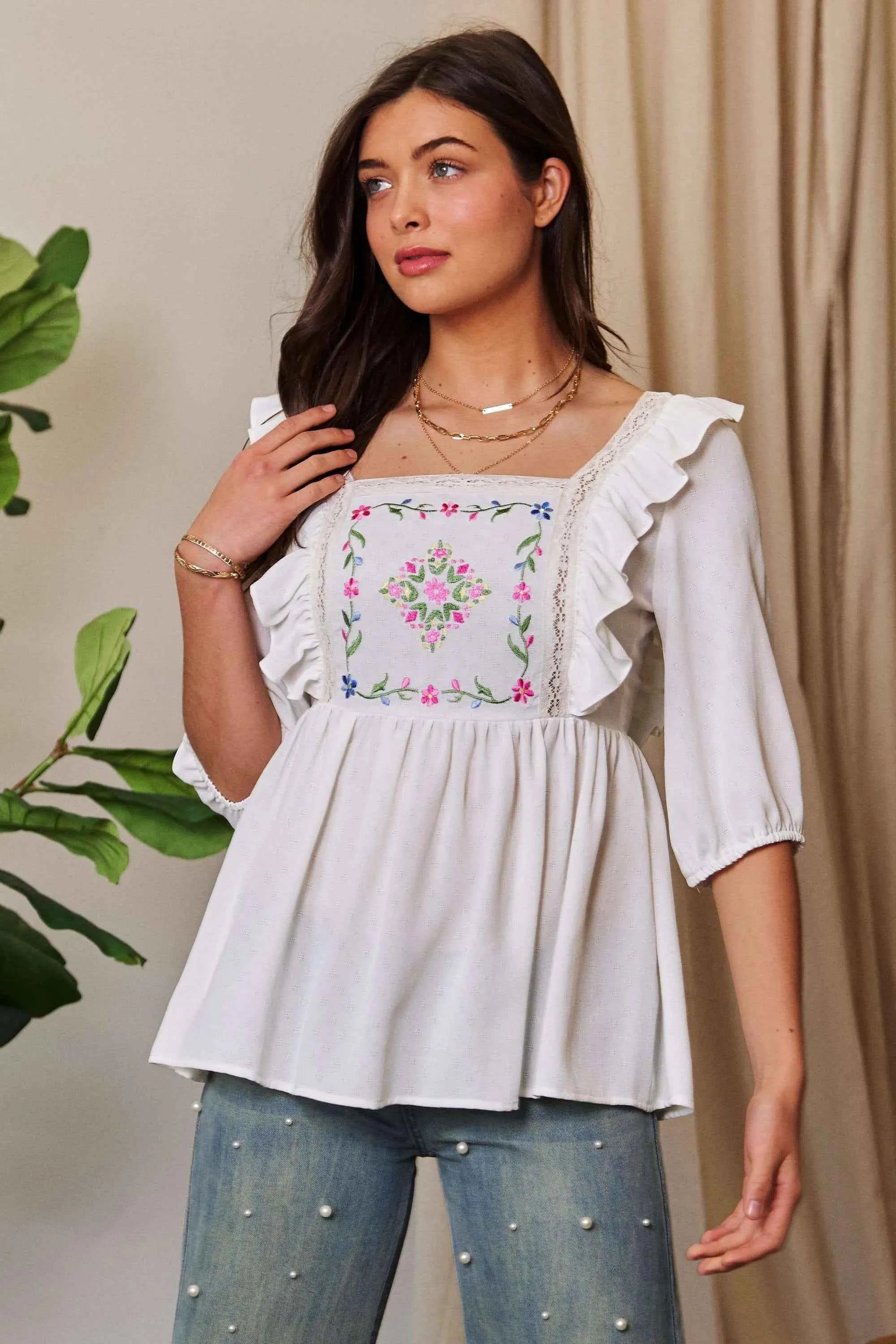 Davi & Dani Texture Tie Back Floral Embroidery Frill Blouse