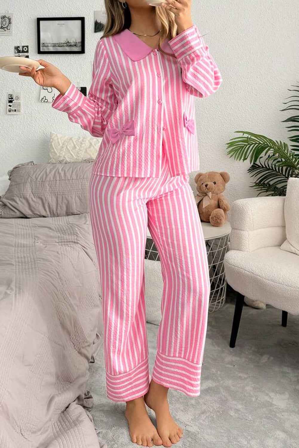 Pink Stripe Buttoned Front Long Sleeve Top and Pants 2 Piece Sleepwear