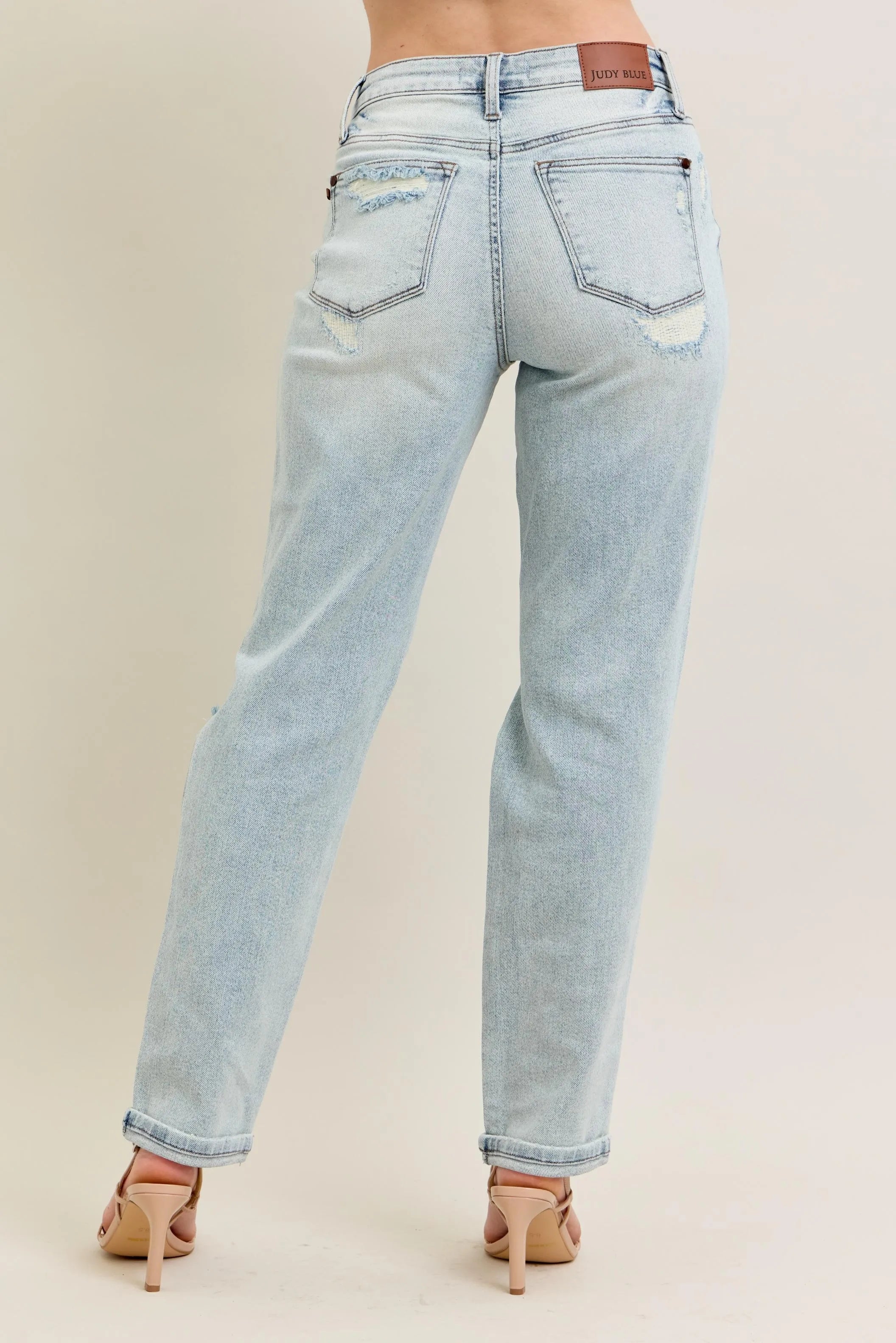 Judy Blue Full Size Mr Repair Stitch Detail Destroy Single Cuff Bf Jeans Plus Size