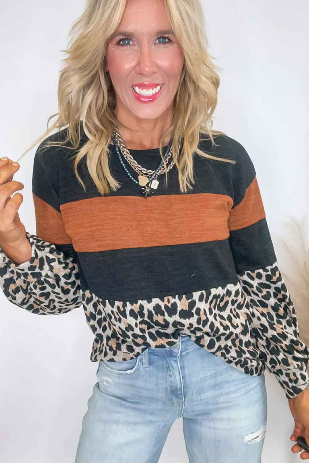Black Color Block Leopard Patchwork Long Sleeve Casual Top