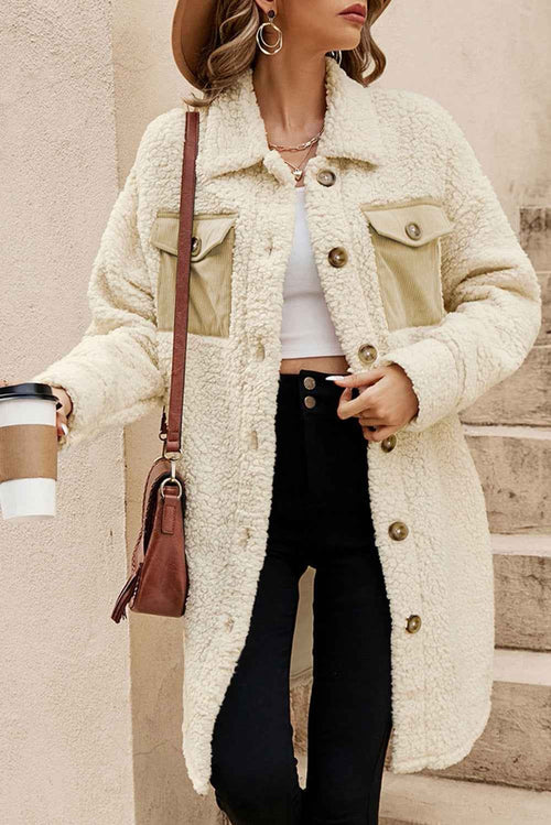 Beige Contrast Flap Pocket Single Breasted Teddy Coat by Wild and Free Boutique