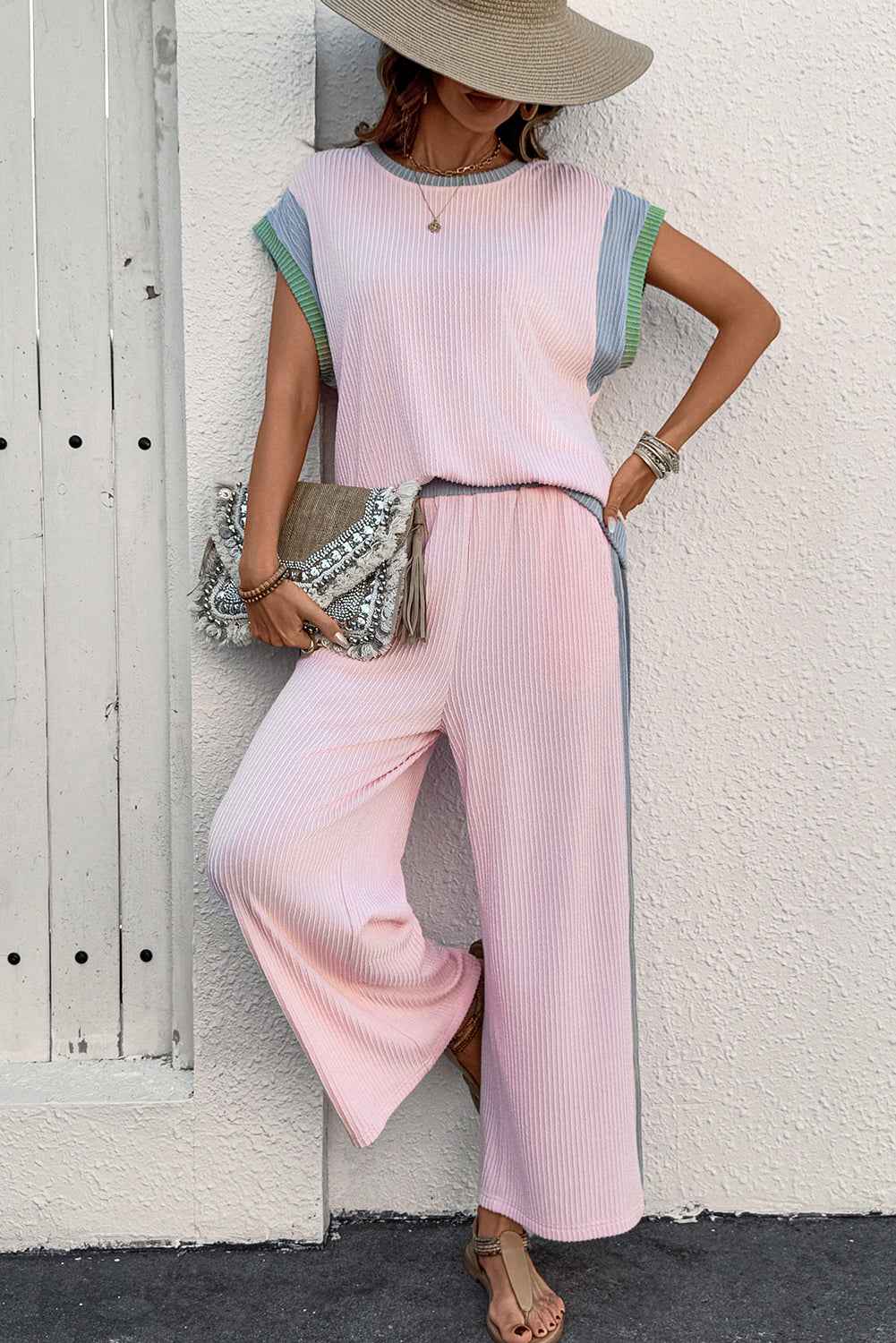 Pink Corded Colorblock Short Sleeve Top and Wide Leg Pants Set by Wild and Free Boutique