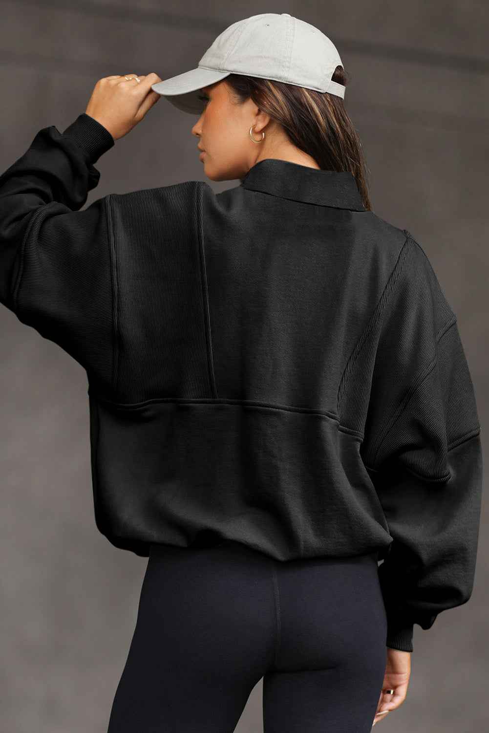 Black Half Zip Stand Collar Exposed Seam Solid Color Casual Sweatshirt