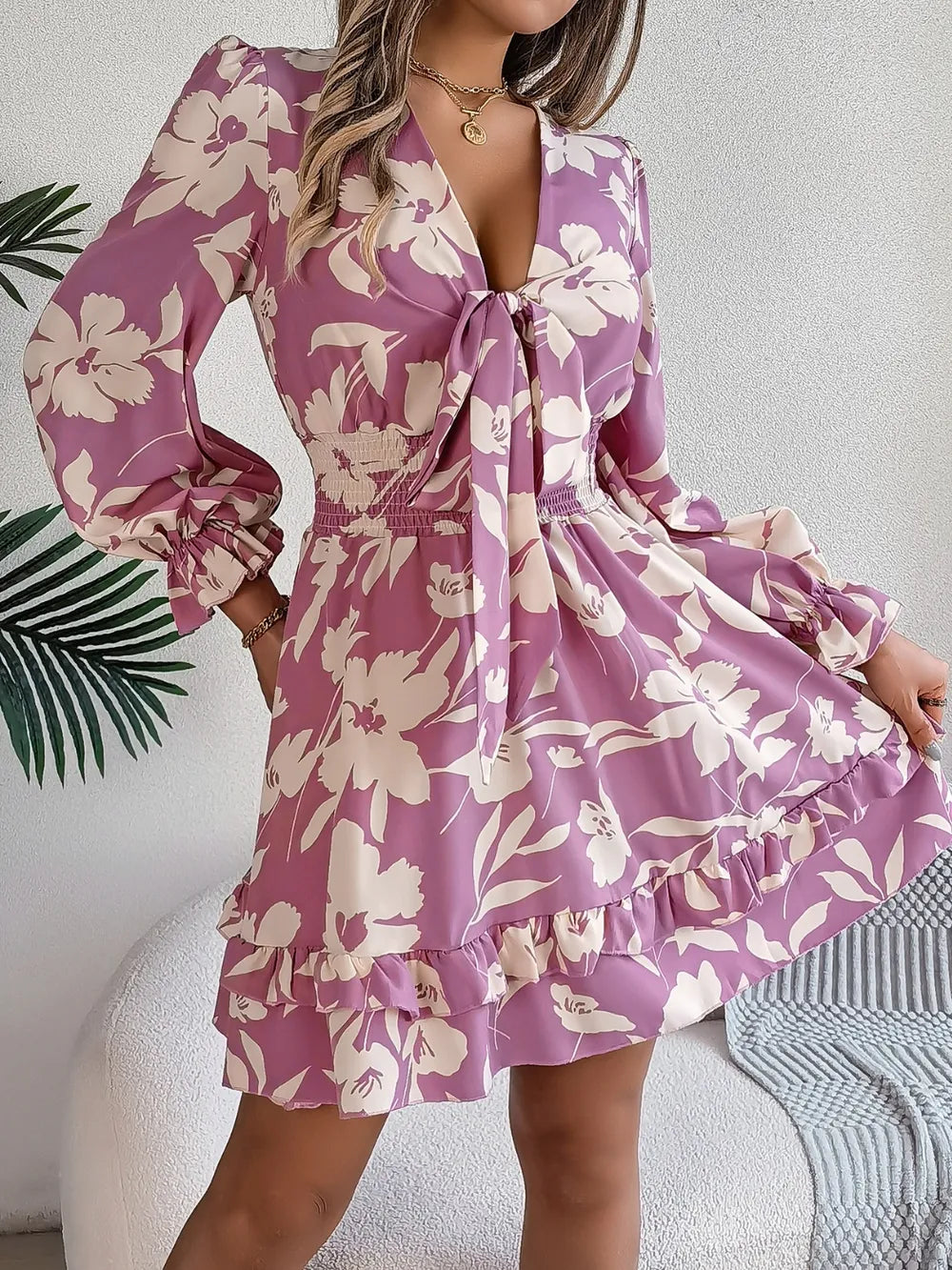 Tied Ruffled Printed Long Sleeve Dress by Shopiebay