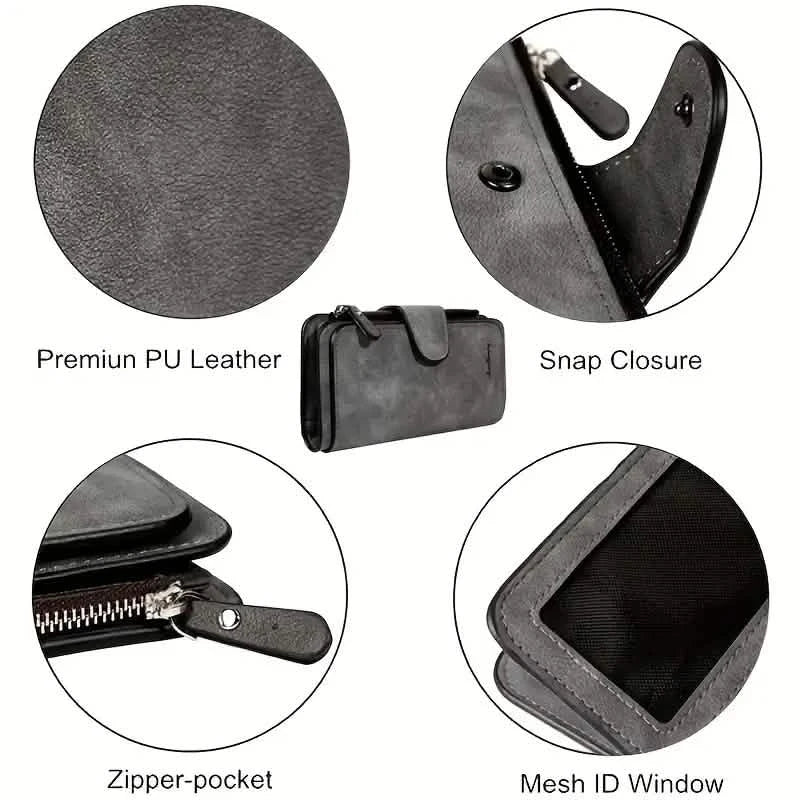 Vintage Faux Leather Long Wallet – Trifold Credit Card Holder with Snap & Zipper by DailySale