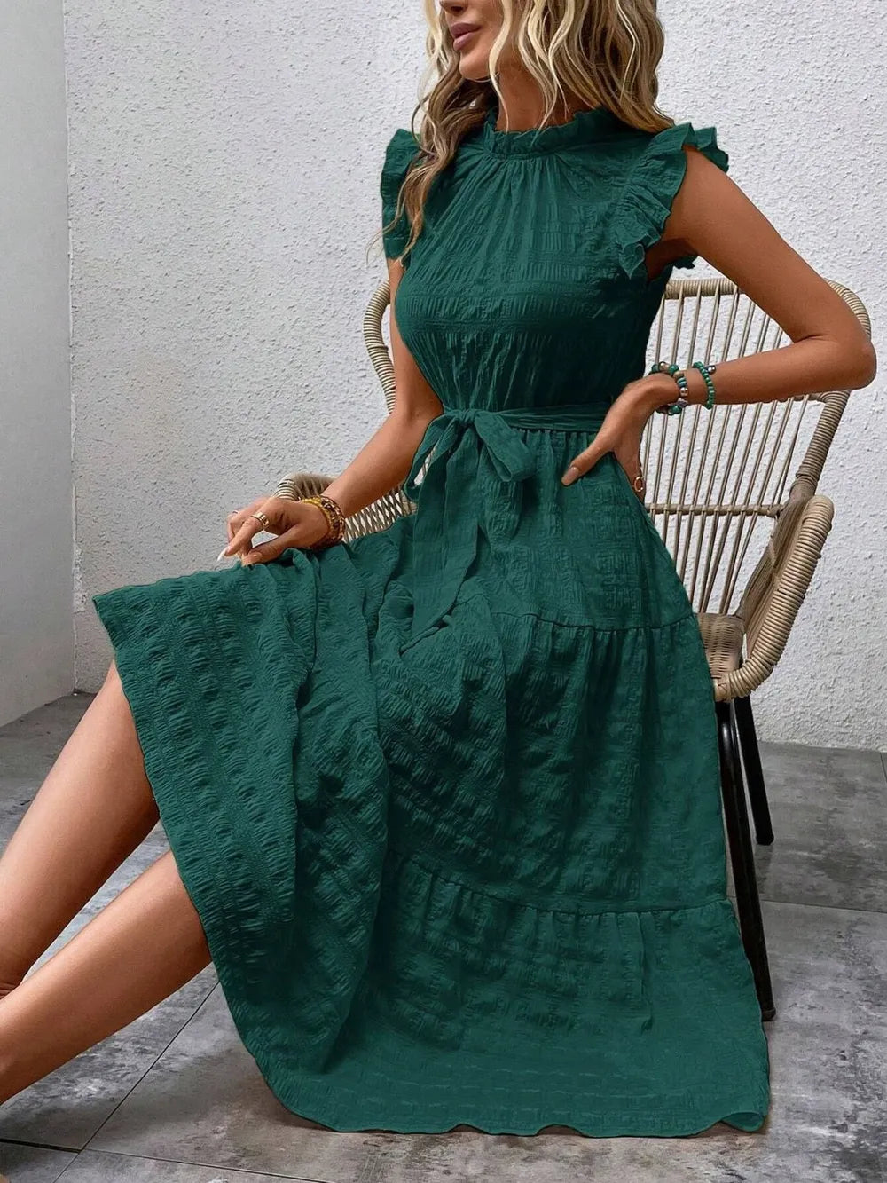 Tied Ruffled Cap Sleeve Midi Dress by Shopiebay