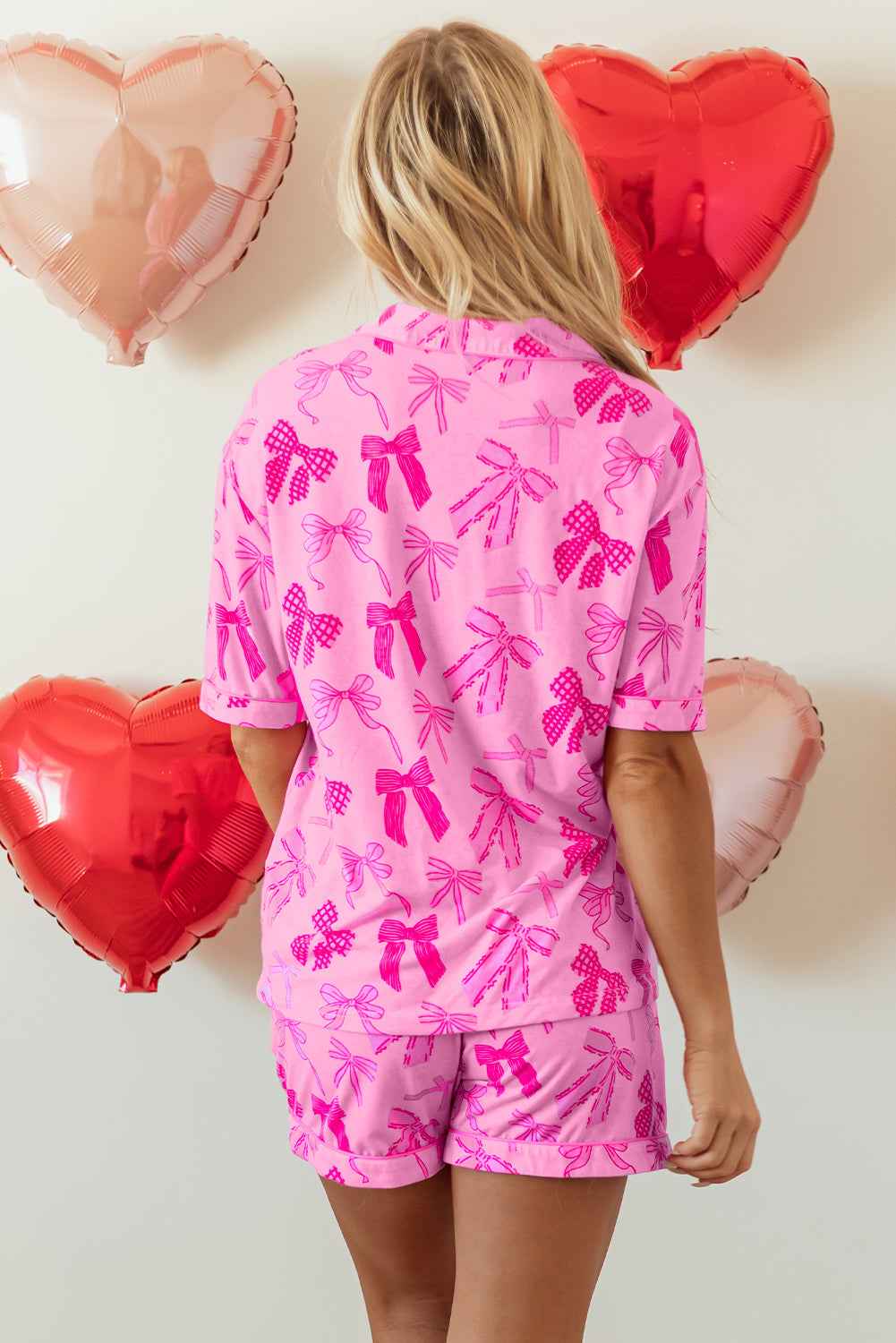 Pink Bow Print Half Sleeve Shirt and Shorts Pajamas Set