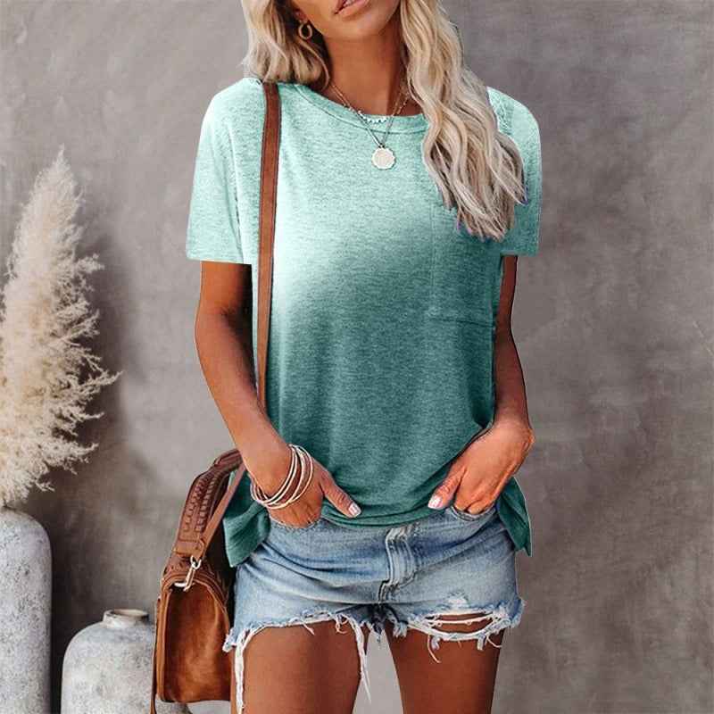 Women's Round Neck Tie-dye Pocket Print Top