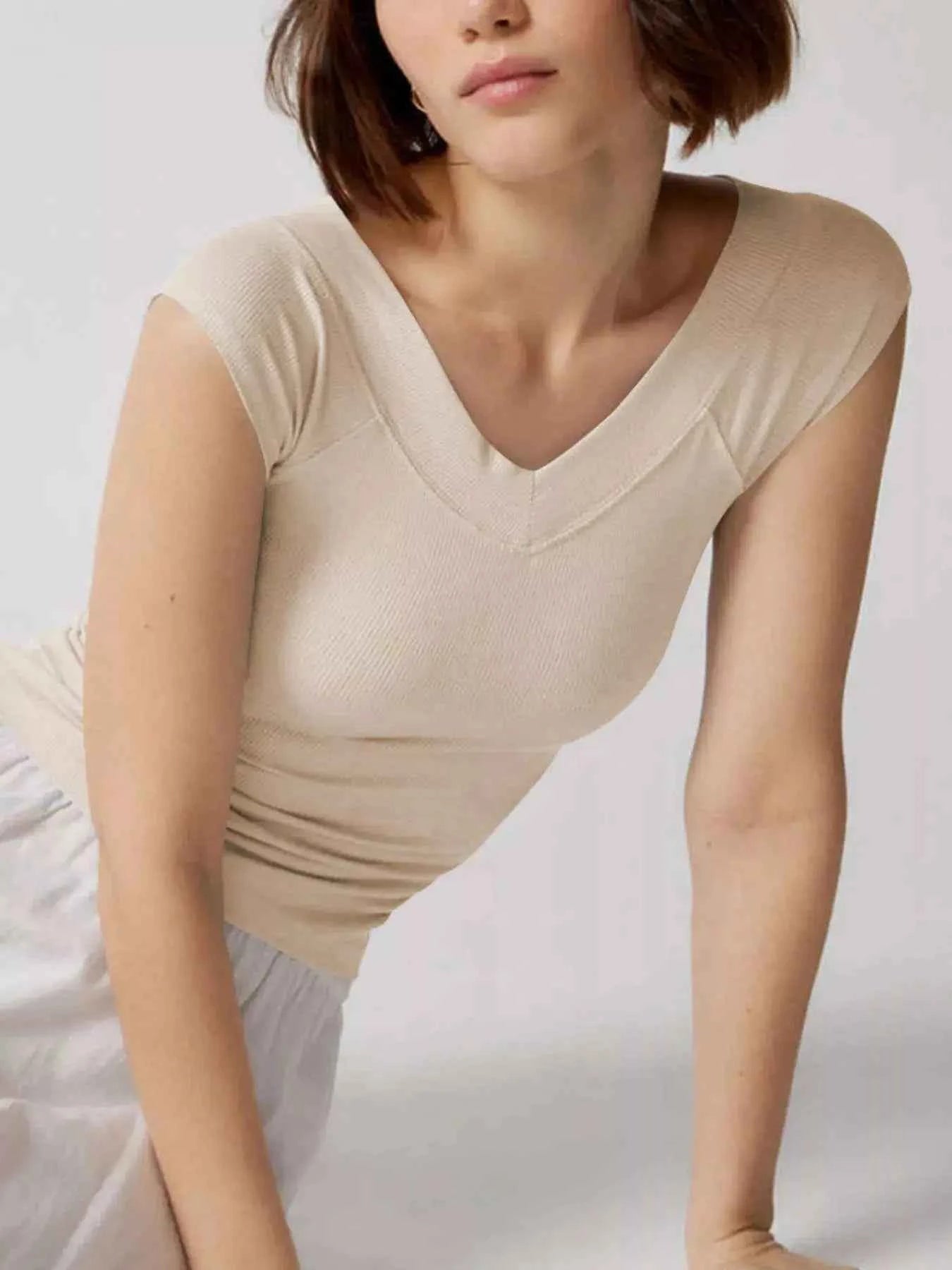 Ribbed Cap Sleeve V Neck Fitted T Shirt