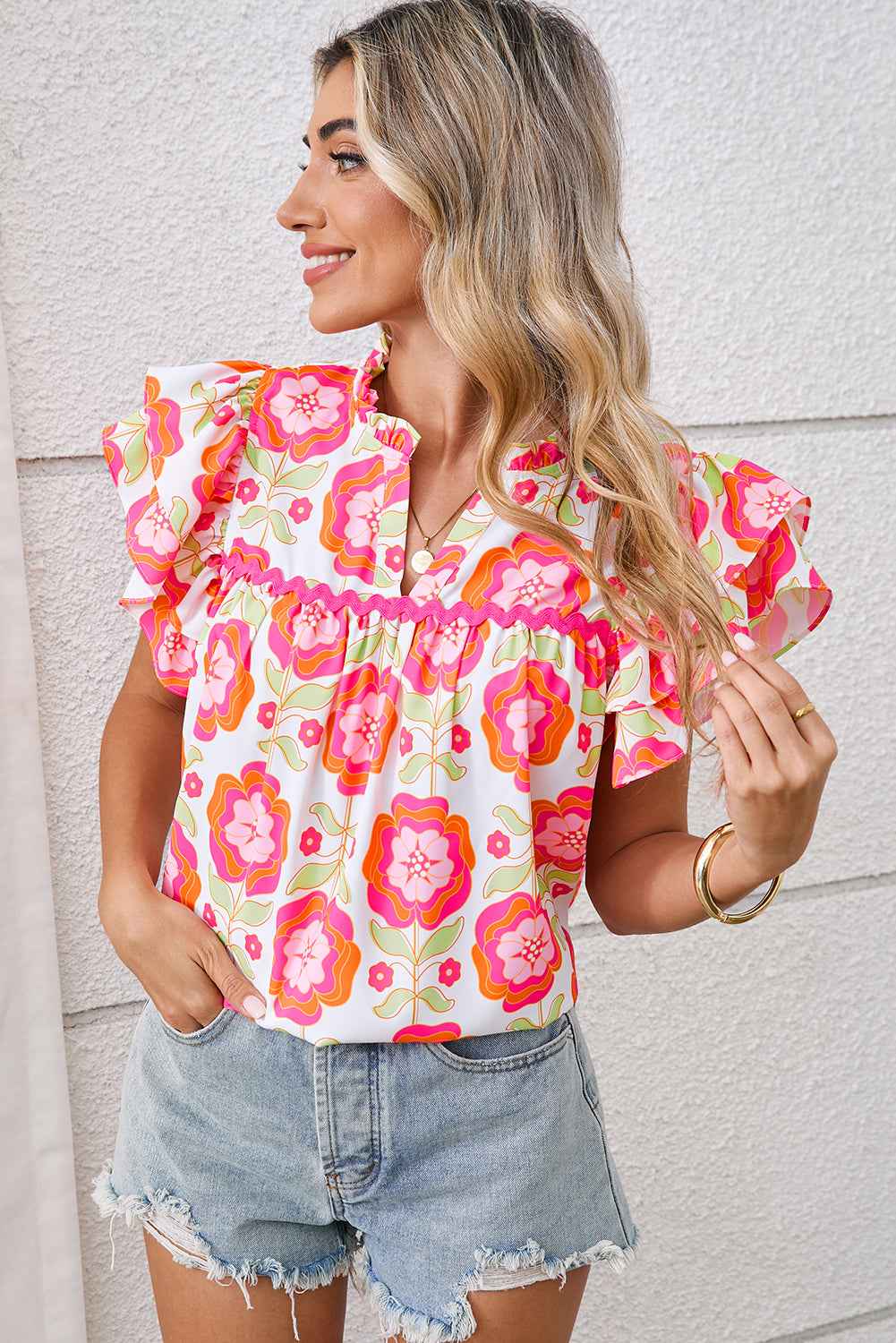 Rose Boho Floral Print Ricrac Ruffle Sleeve Blouse