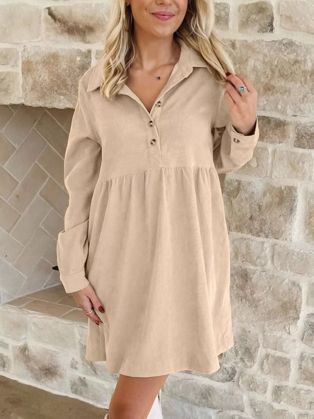 Corduroy Half Button Collared Long Sleeve Mini Dress by Shopiebay