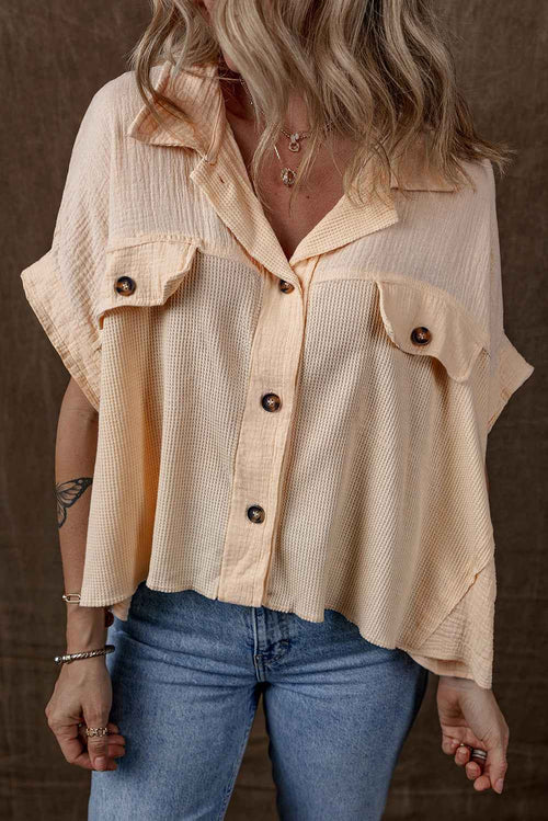 Beige Waffle Splicing Short Batwing Sleeve Flap Detail Shirt by Wild and Free Boutique