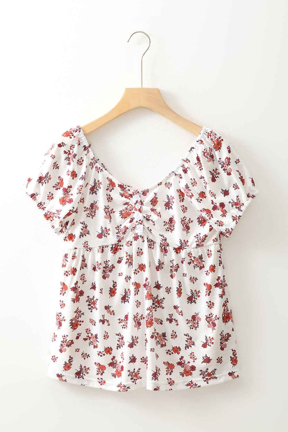 White Boho Floral Ruched Short Sleeve Blouse
