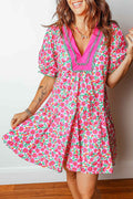 Pink Floral Print V Neck Patchwork Short Bubble Sleeve Mini Dress