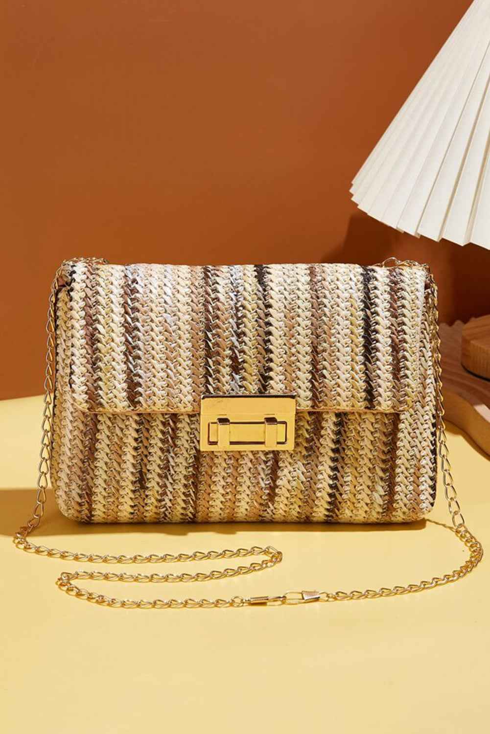 Camel Woven Striped Flapped Single Shoulder Bag