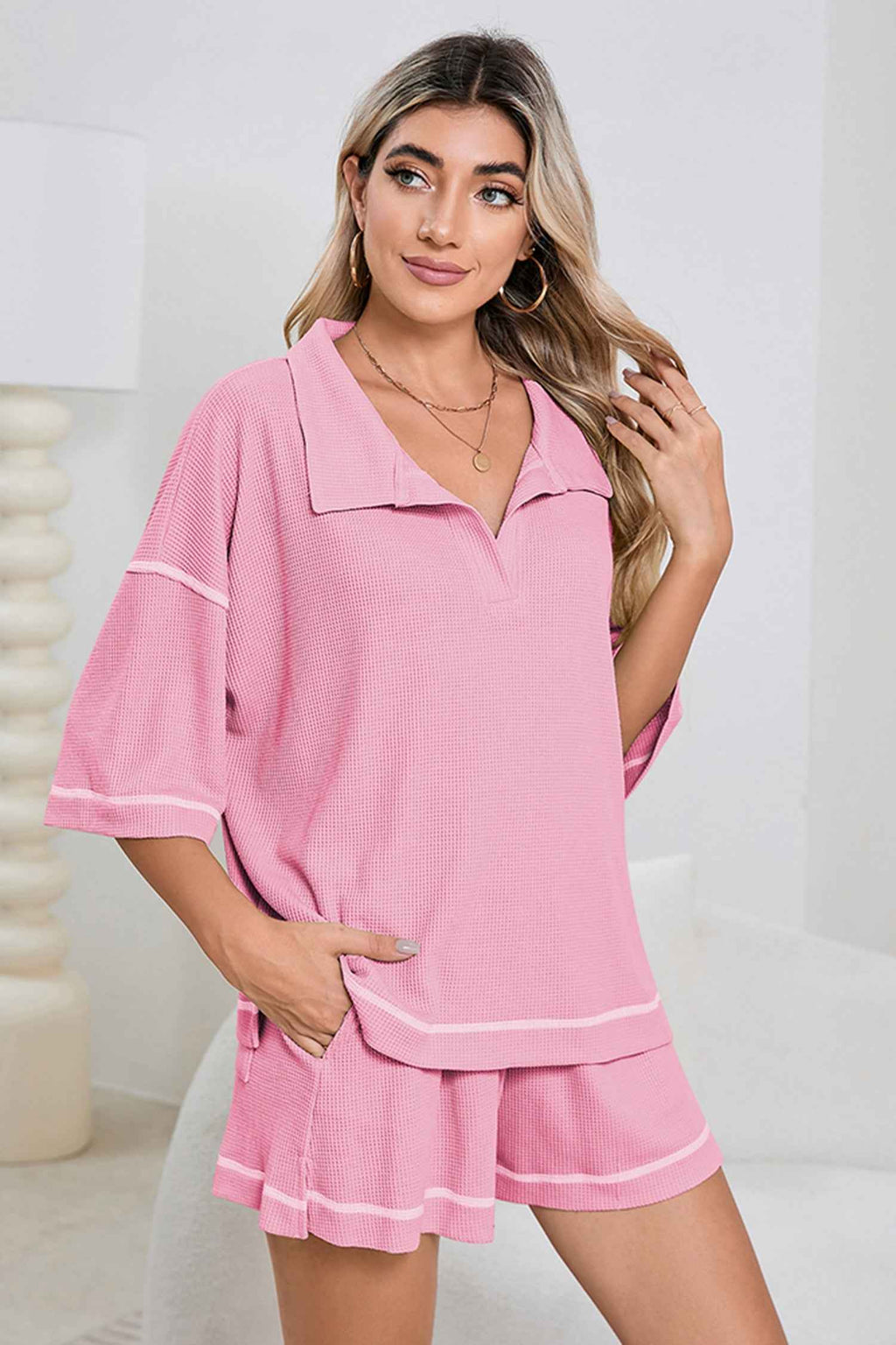 Pink Breathable Waffle Color Block Trim 2pcs Casual Short Set