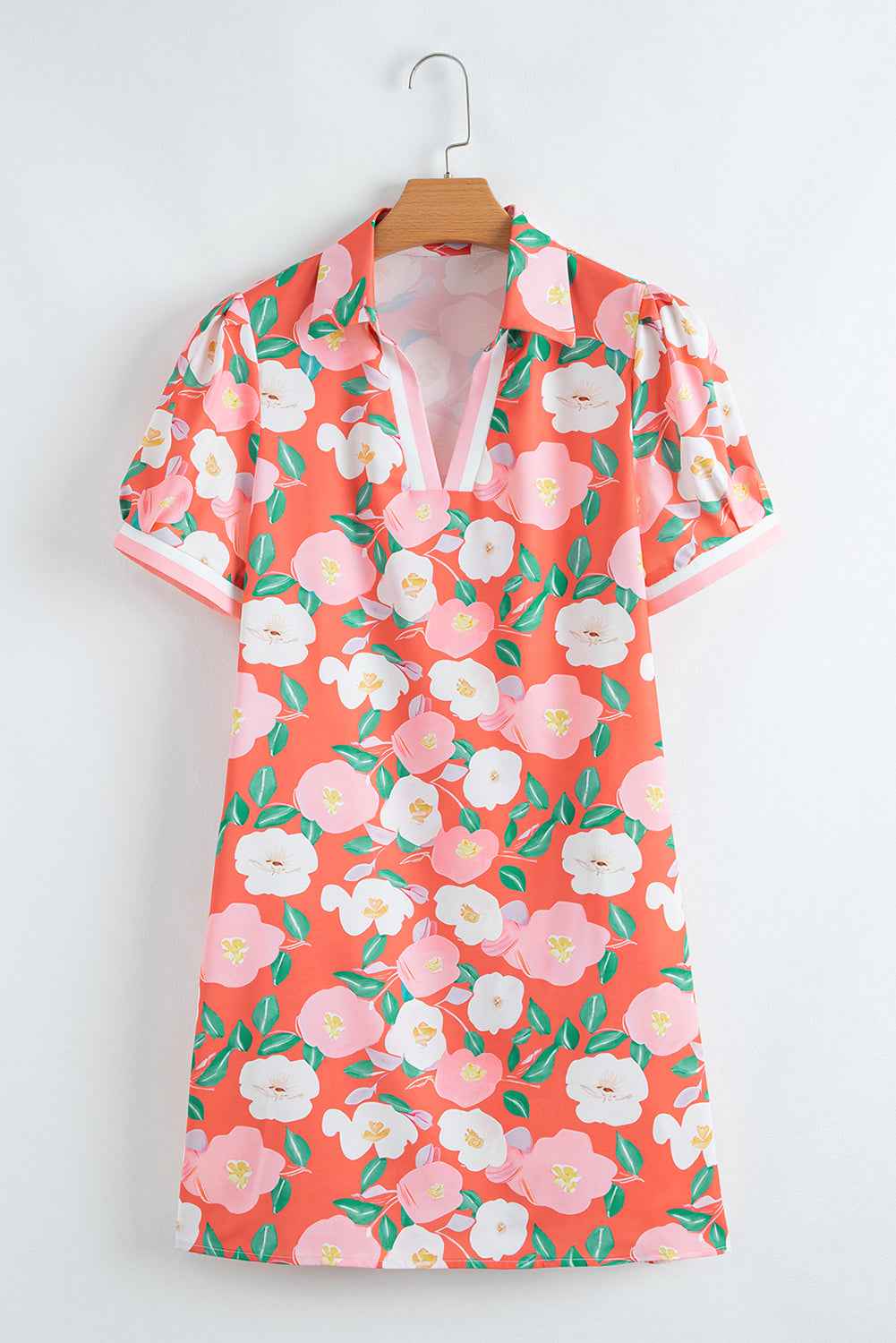 Fresh Salmon Floral Print Puff Sleeve Pop of Color Neckline Dress