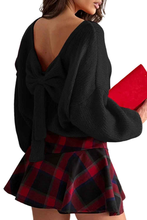 Black Bow Backless Bubble Sleeve Sweater by Wild and Free Boutique
