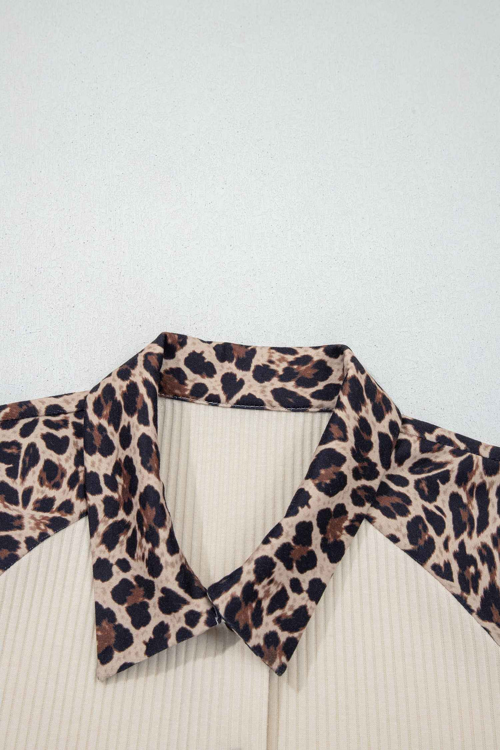 White Ribbed Texture Button Down Leopard Patchwork Short Sleeve Shirt