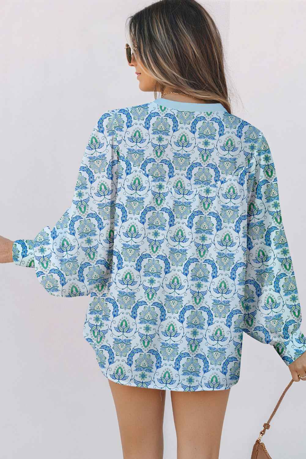 Sky Blue Paisley Button V Neck Long Sleeve Shirt