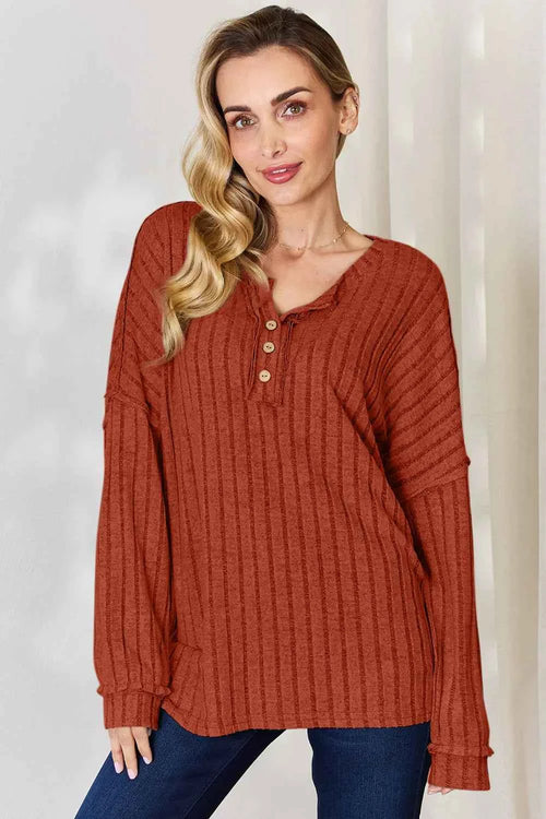 Basic Bae Full Size Ribbed Half Button Long Sleeve T-Shirt by Wild and Free Boutique