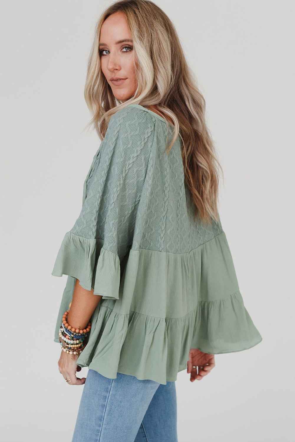Laurel Green Tie Split Neck Textured Ruffle Patchwork Blouse