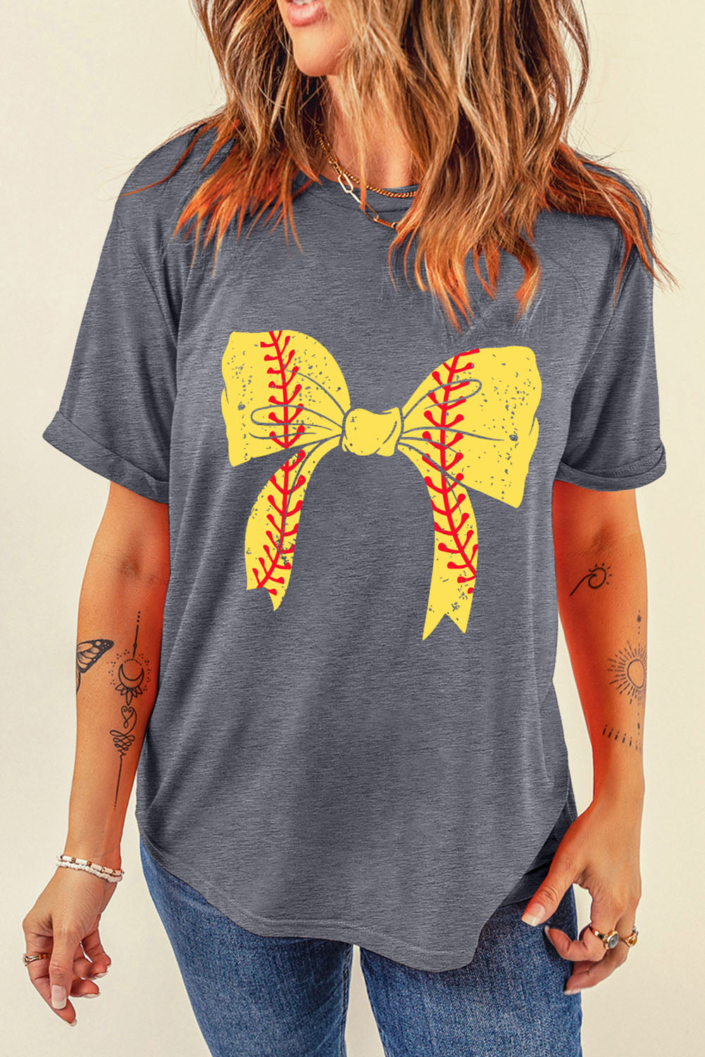 Black Baseball Bowknot Graphic Casual Tee