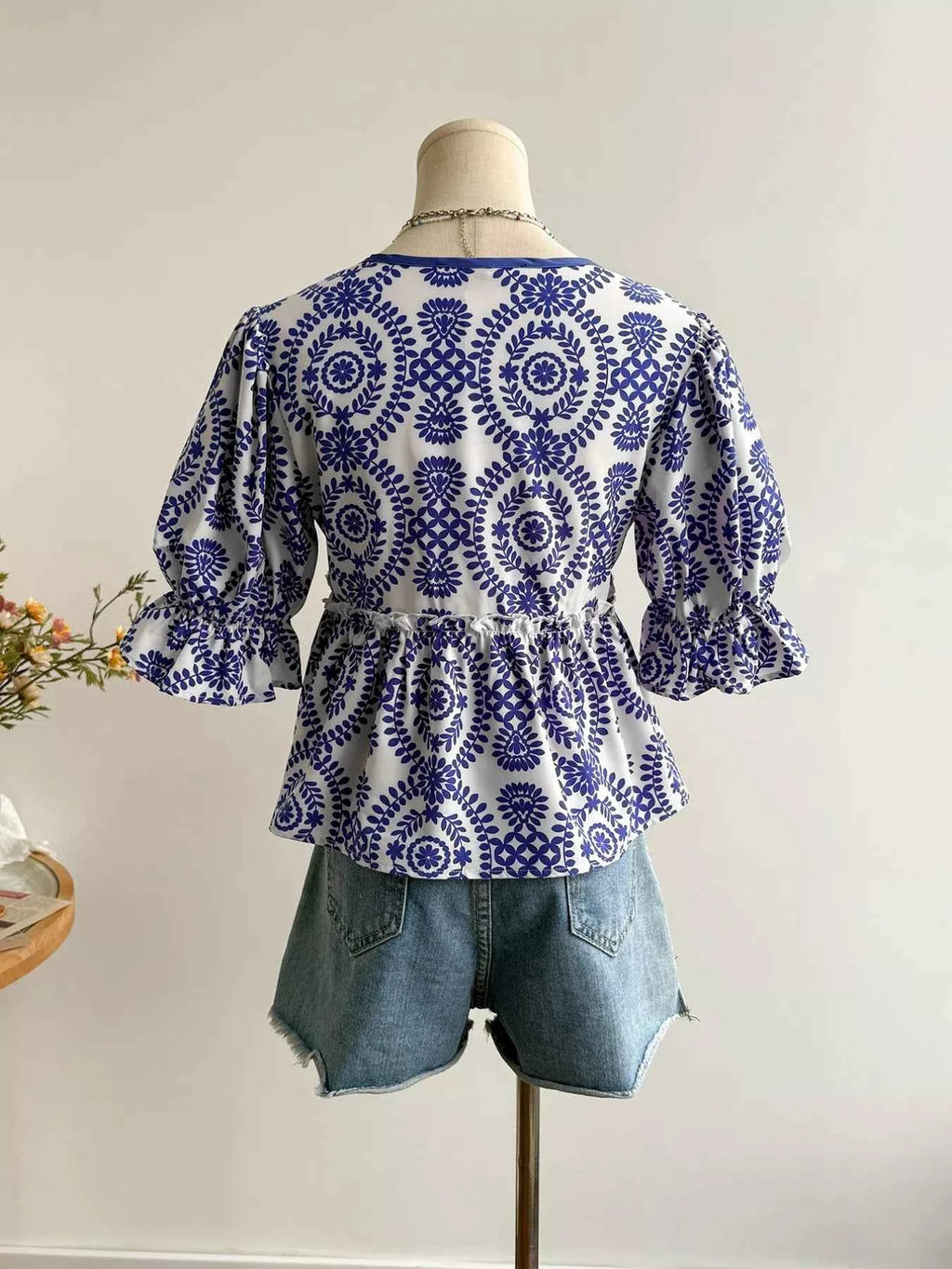 Navy Floral Tie Front Blouse
