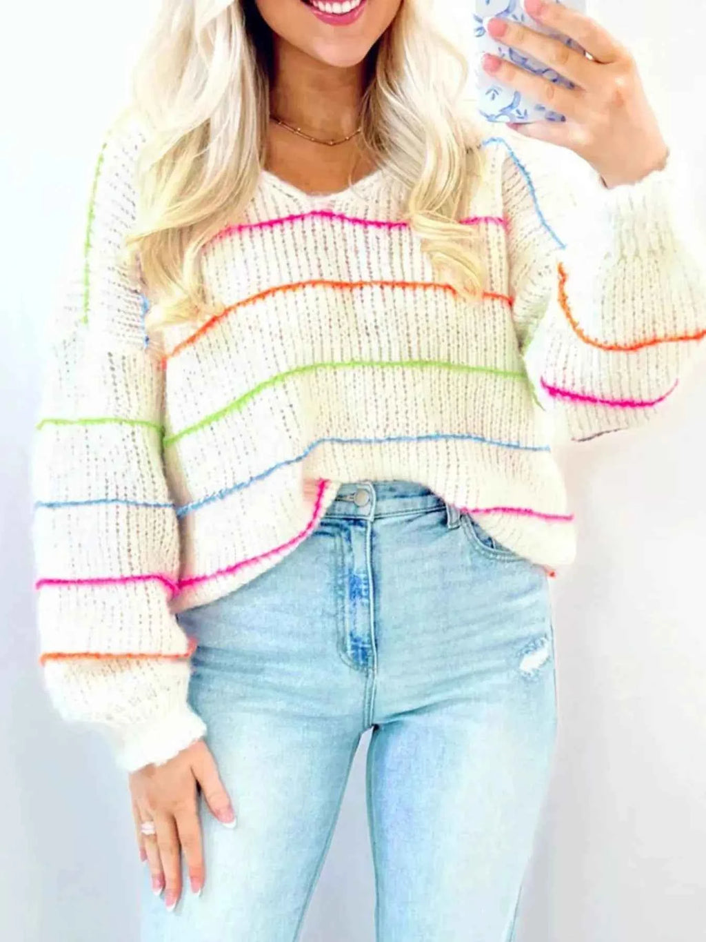 Colorful Striped Detail V-Neck Baggy Drop Shoulder Sweater