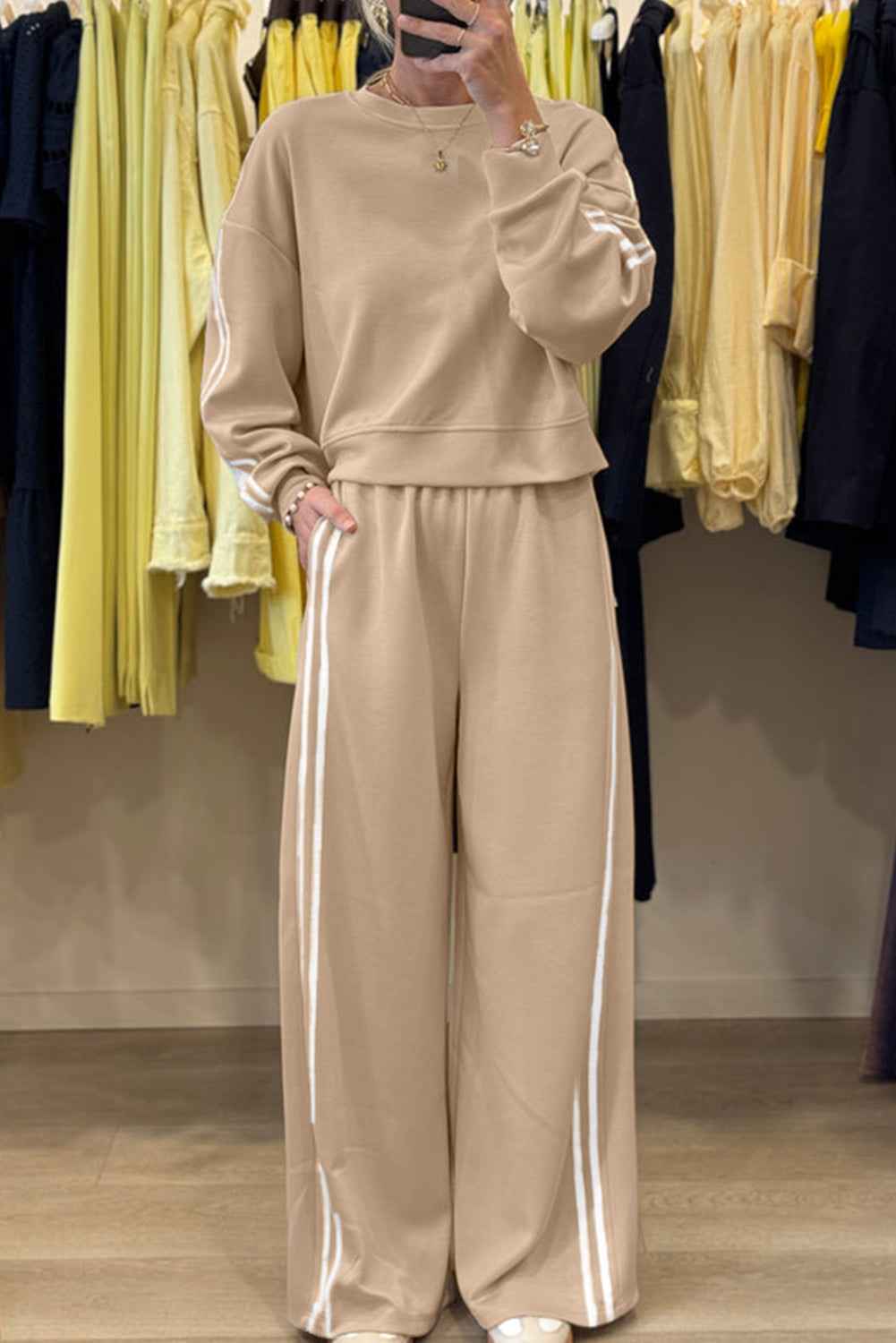 Oatmeal Varsity Striped Detail Cropped Pullover Wide Leg Pants 2pcs Outfit