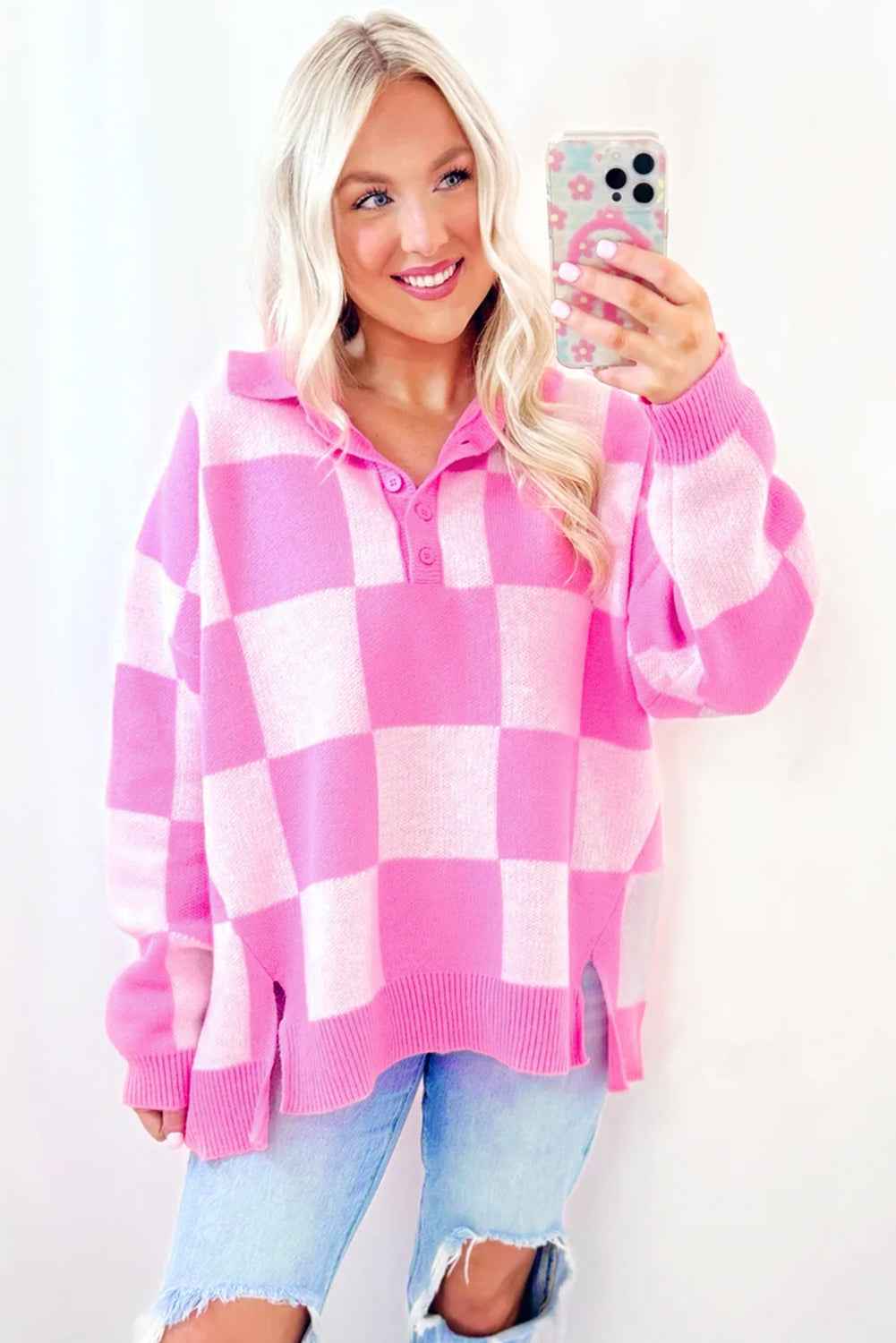 Pink Checkered Button Collared Sweater