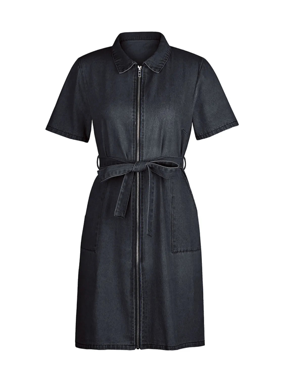 Full Size Zip Front Short Sleeve Denim Dress Plus Size by Selvanelle