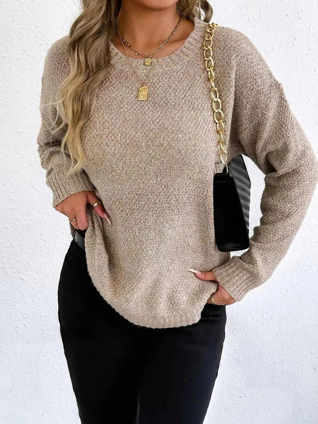 Round Neck Textured Knit Relaxed Fit Sweater