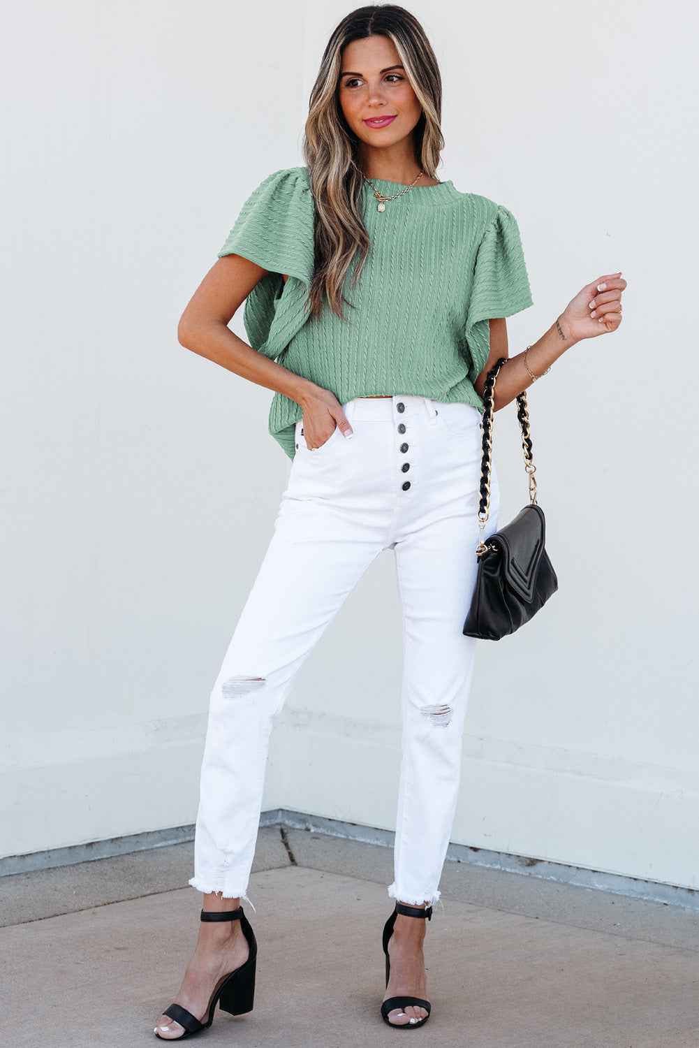 Moonlight Jade Solid Color Textured Flutter Sleeve Top