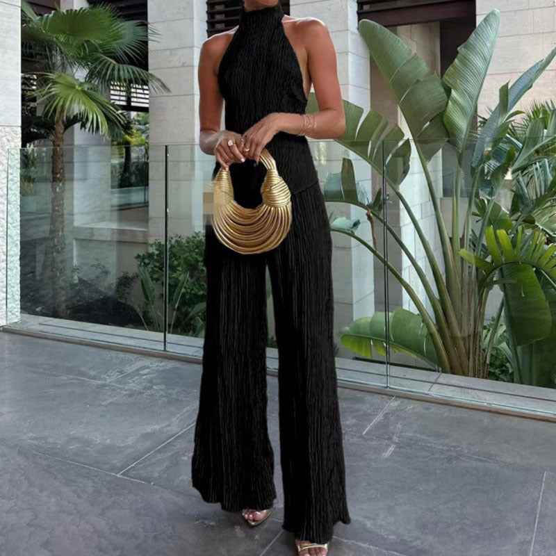 Women's Halter Elastic Waist Polyester Fiber Sleeveless Sports Suit
