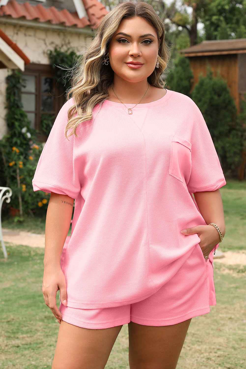 Pink Plus Size Ribbed Exposed Seam Tee and Shorts Set
