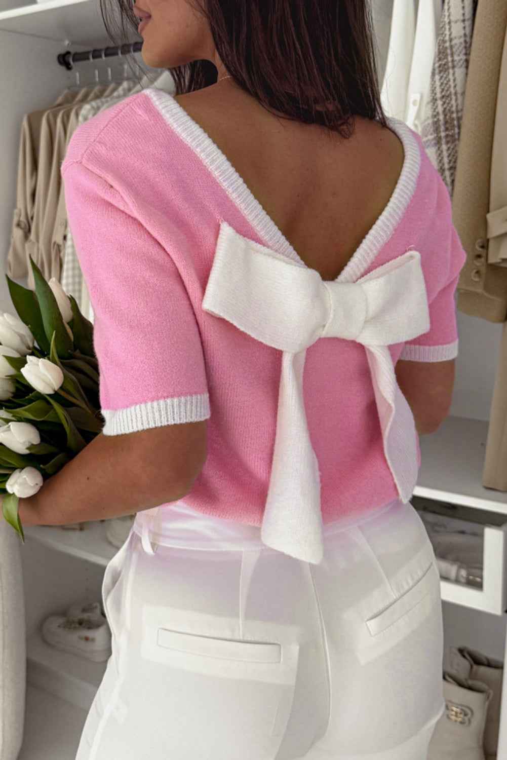 Bonbon Colorblock Bow V-Shape Cut Back Short Sleeve Sweater