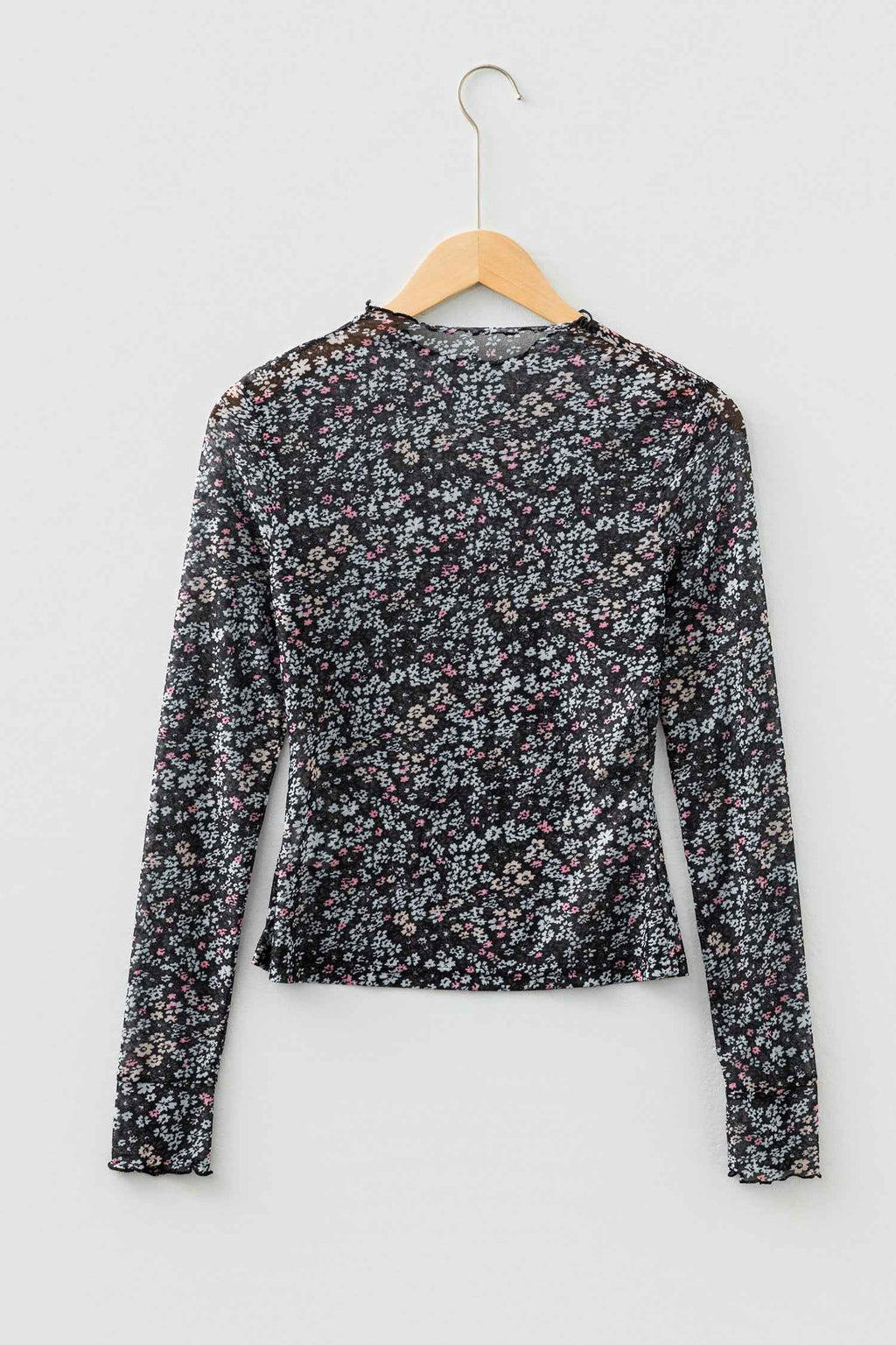 Black Ditsy Floral Mesh Thumbhole Sleeve Slim Fit Top