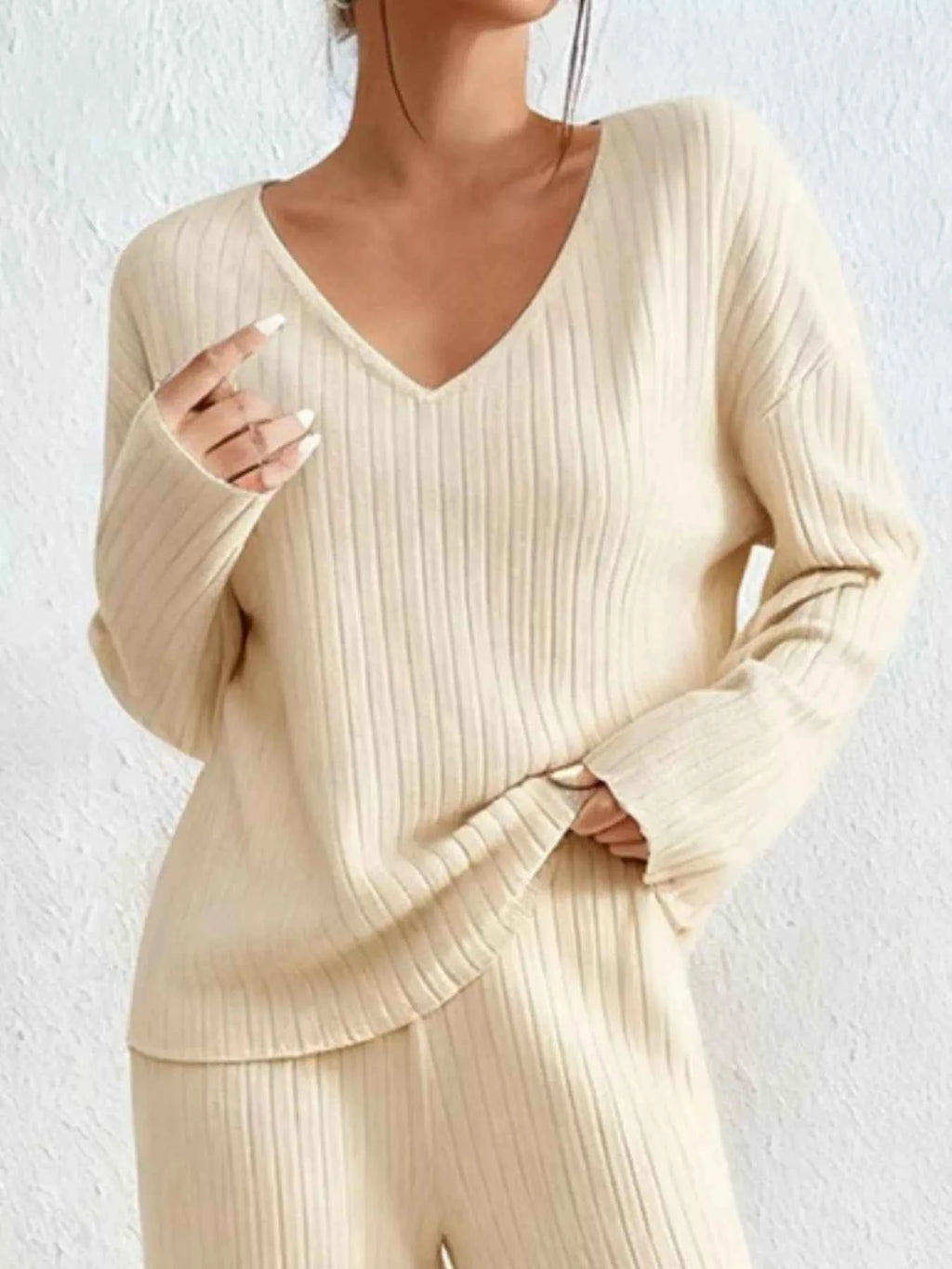 Ribbed Knit V-Neck Top and Pants Set