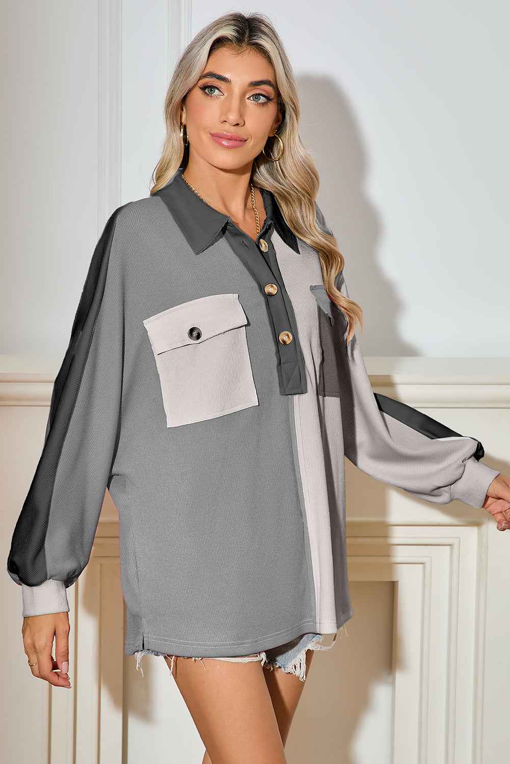 Gray Colorblock Patchwork Ribbed Oversized Henley Sweatshirt