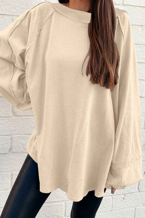 Beige Solid Color Raw Seam Patchwork Baggy Sweatshirt by Wild and Free Boutique