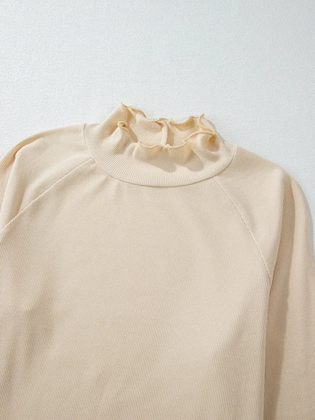 Ribbed Knit Lettuce Trim Long Sleeve Mock Neck Top
