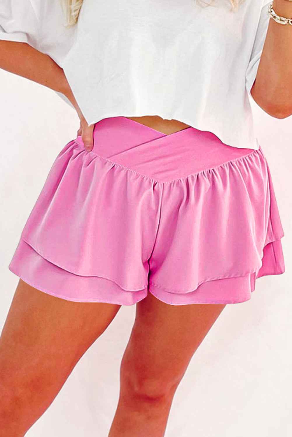 Bright Pink Crossed Waist Tiered Flowy Shorts
