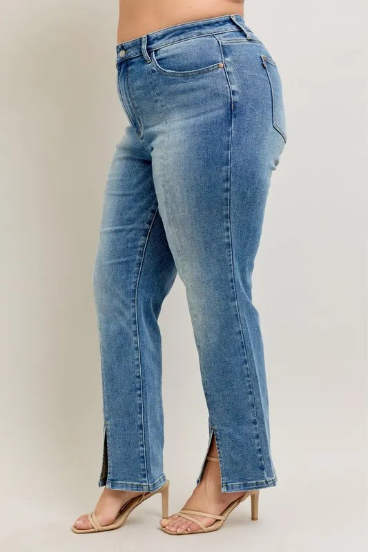 Judy Blue Full Size High Waist Vintage Wash Front Seam & Slit Straight Plus Size