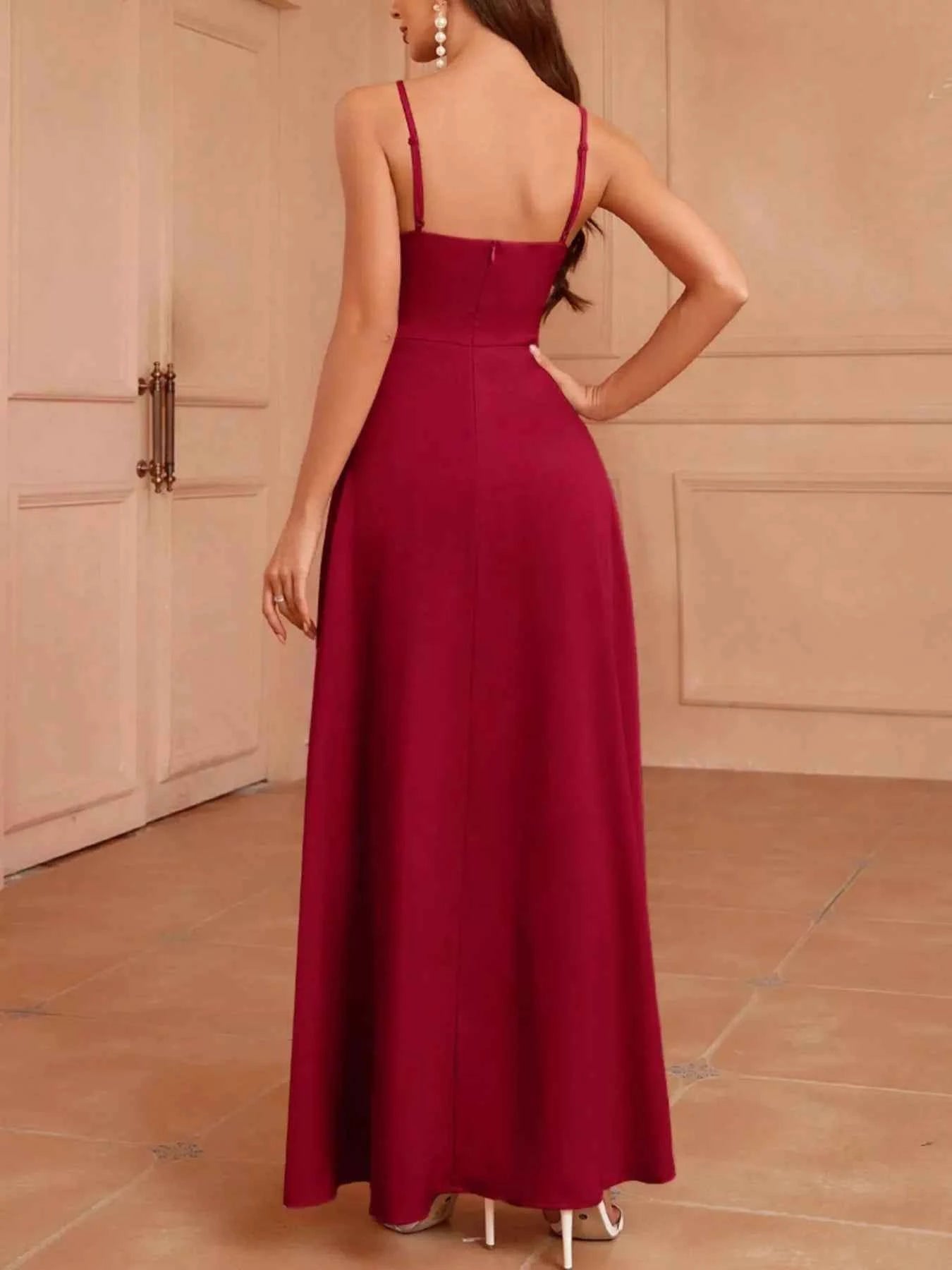 Elegant Wrap Bodice Slit Spaghetti Strap Maxi Dress