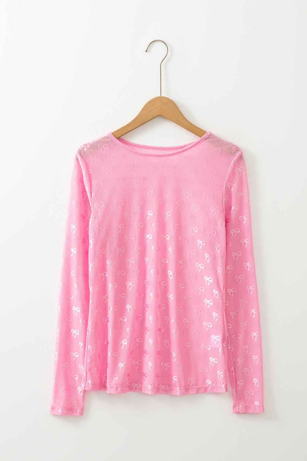 Pink Bow Pattern Long Sleeve Slim Fit Mesh Top