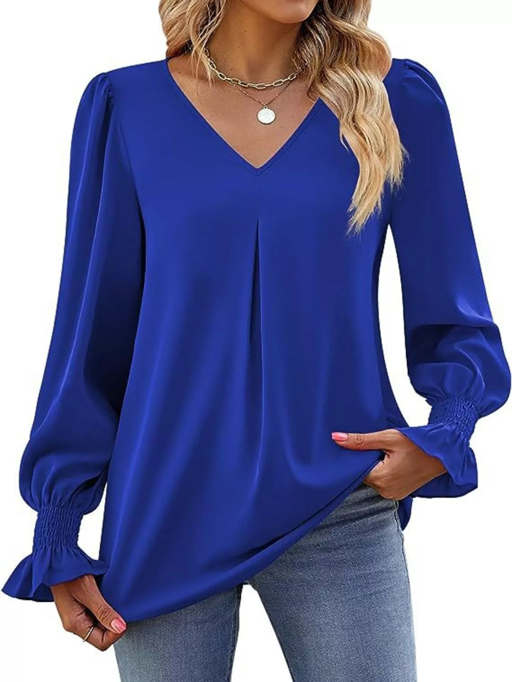 V-Neck Long Sleeve Ruffle Cuff Blouse