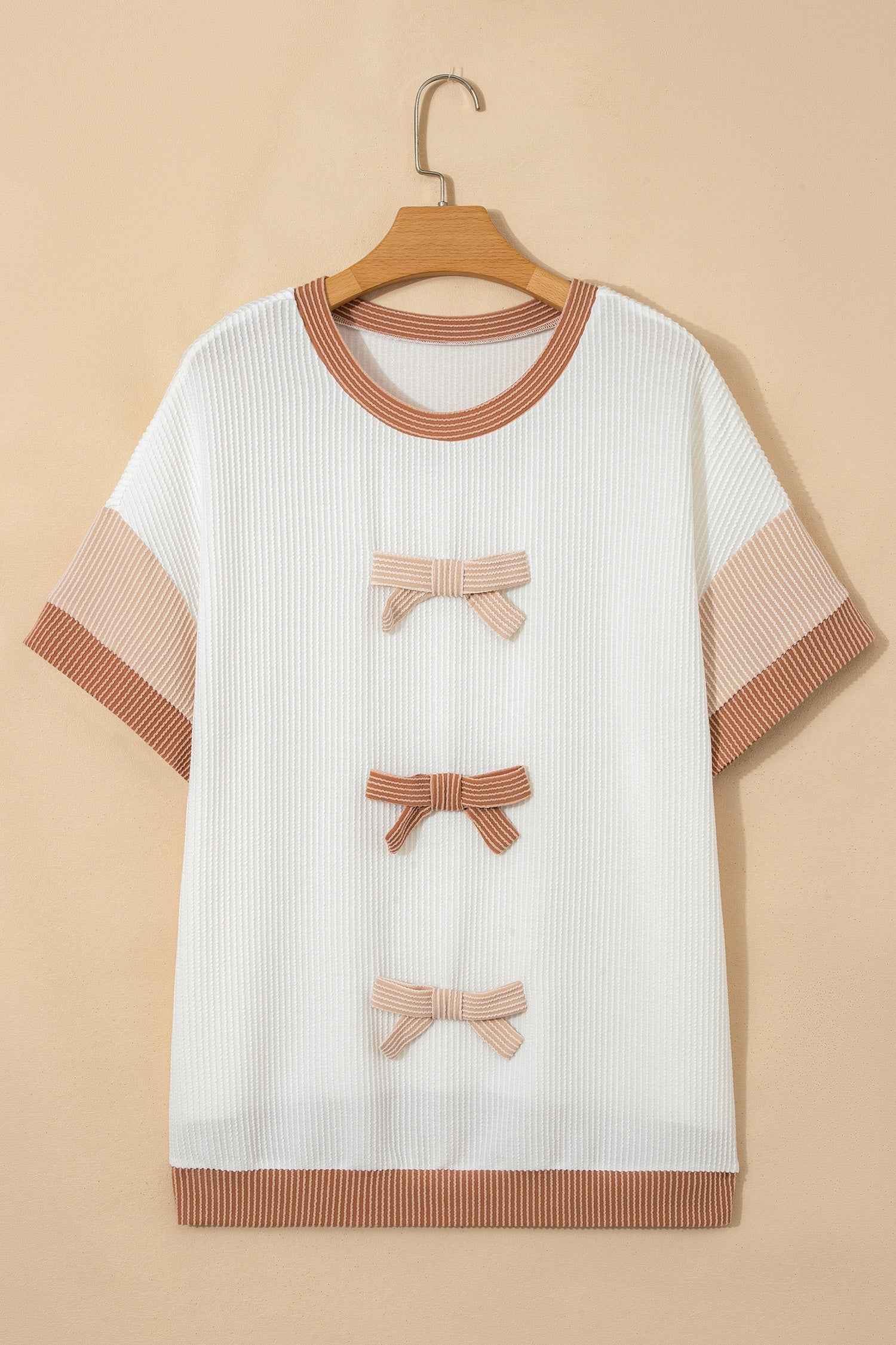Apricot Bowknot Applique Plus Size Ribbed Top