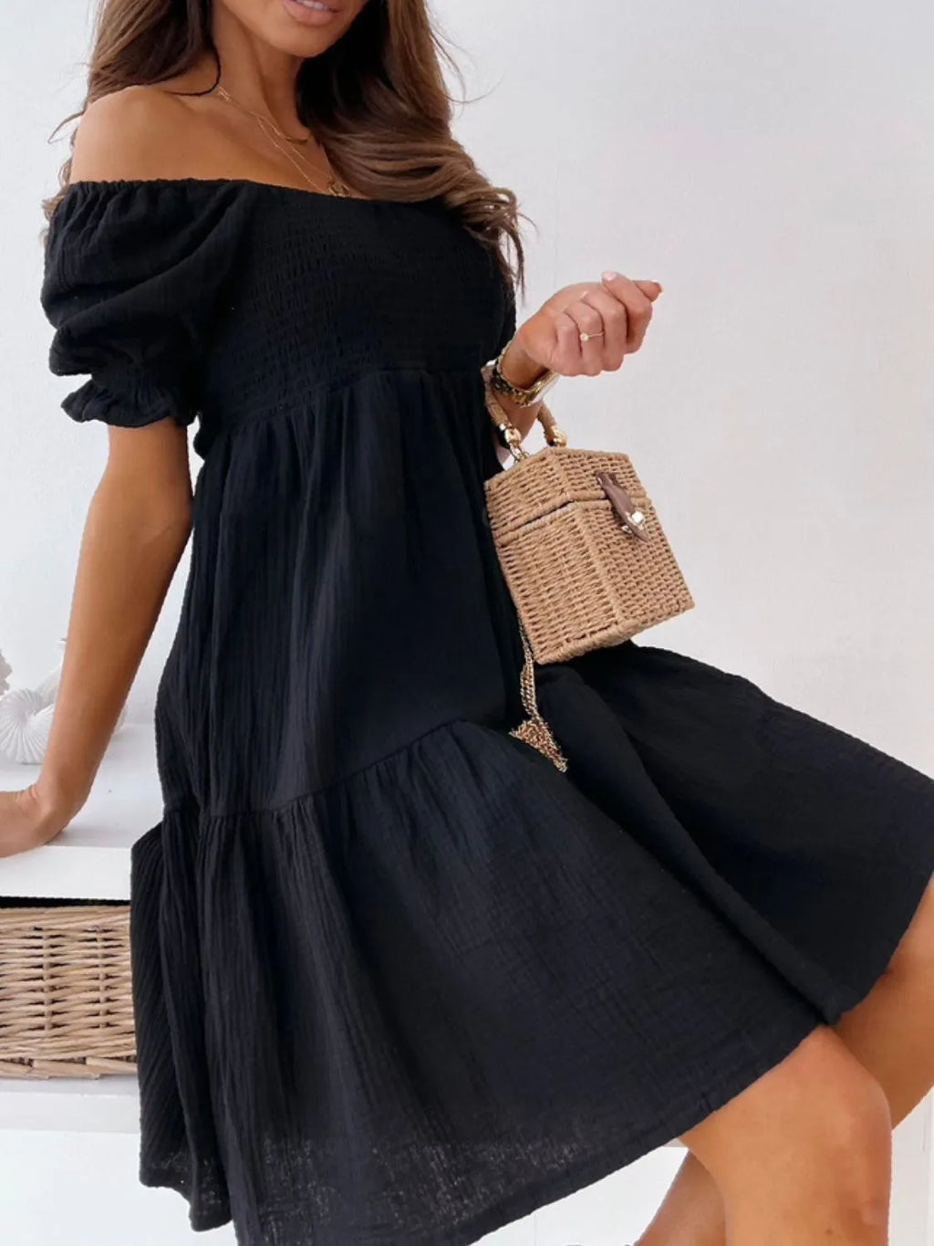 Smocked Off-Shoulder Mini Dress by Shopiebay
