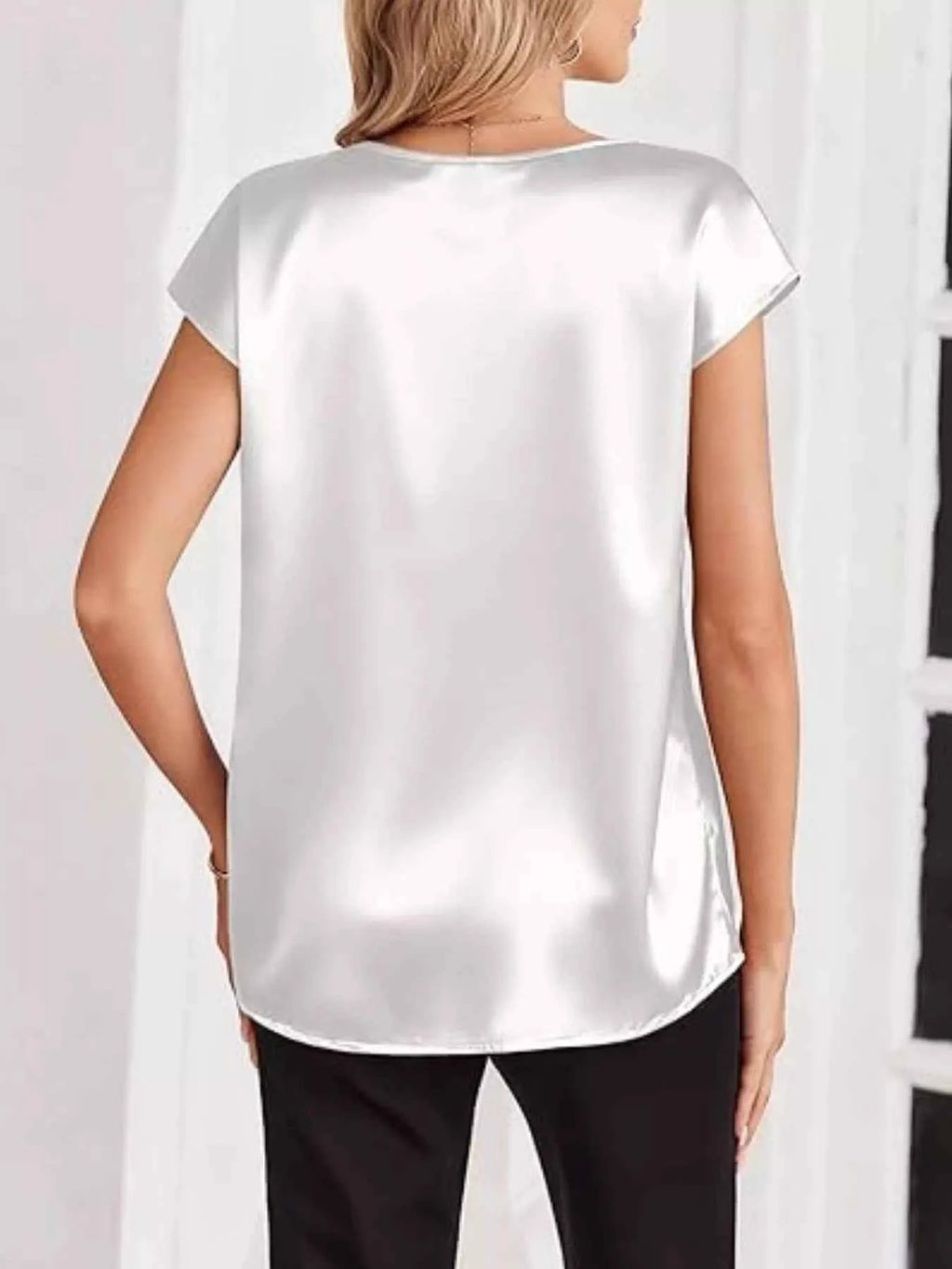 Satin V-Neck Short Sleeve Blouse